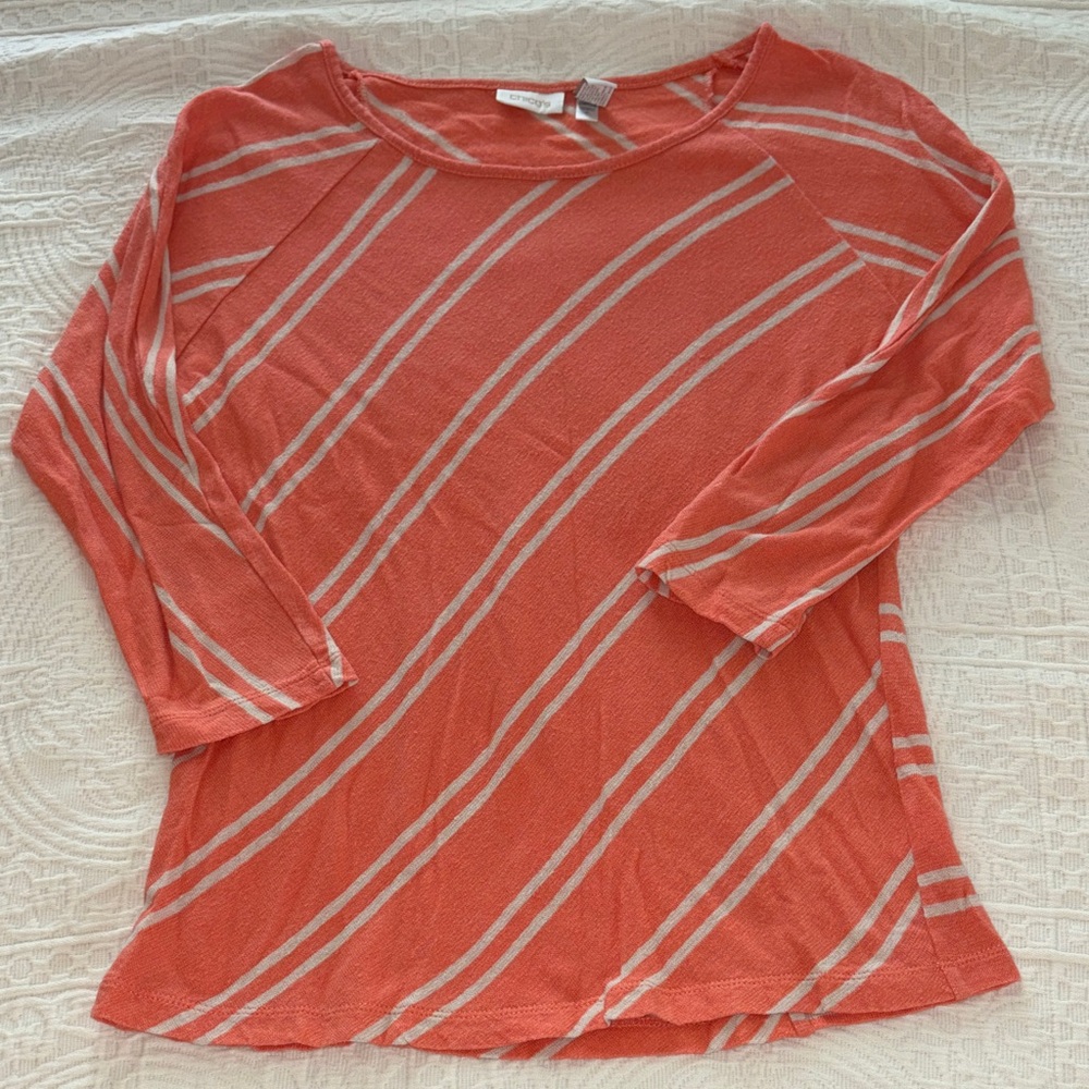 Chico's Coral and White Striped Long Sleeve Top